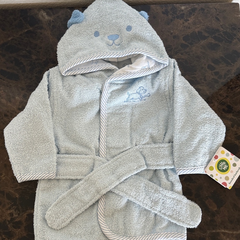 New! Light Blue Hooded Baby Bath Robe with Belt, 0-9 Months